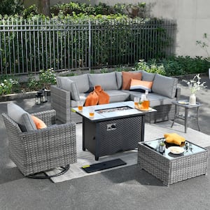 Messi Gray 8-Piece Wicker Outdoor Patio Conversation Sofa Fire Pit Set with a Swivel Chair and Dark Gray Cushions