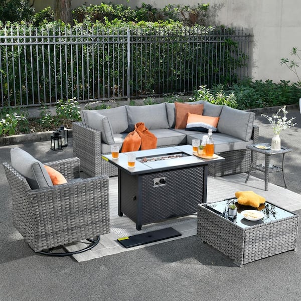 Hooowooo Messi Gray 8 Piece Wicker Outdoor Patio Conversation Sofa Fire Pit Set With A Swivel 4111