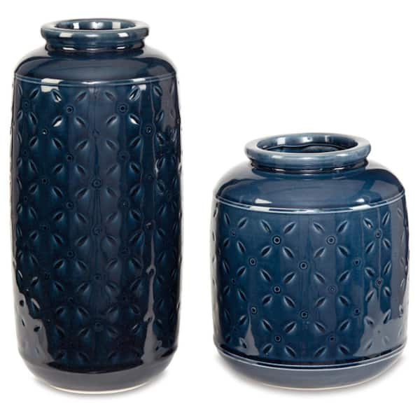 Signature DESIGN BY ASHLEY Marenda 12.2 in. Blue Ceramic Cylinder Decorative Vase (Set of 2)
