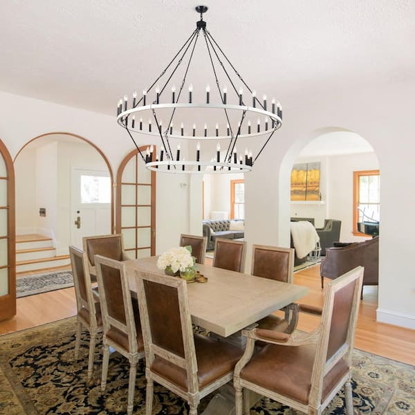 54-Light White Candle Design Circle Wagon Wheel Chandelier 2-Tier Farmhouse Chandelier Lighting for Kitchen Island