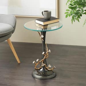 18 in. Black Twisted Vine Floral Round Metal End Table with Gold and Silver Accents and Glass Tabletop