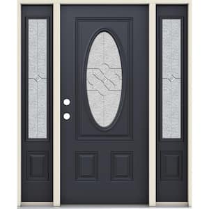60 in. x 80 in. Right-Hand 3/4 Oval Brevard Decorative Glass Black Fiberglass Prehung Front Door w/Sidelites