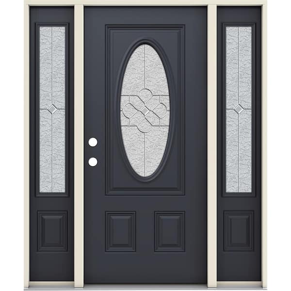 JELD-WEN 60 in. x 80 in. Right-Hand 3/4 Oval Brevard Decorative Glass Black Fiberglass Prehung Front Door w/Sidelites