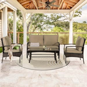 4-Pieces Outdoor Rattan Sectional Sofa Patio Wicker Furniture Sets with Beige Cushions