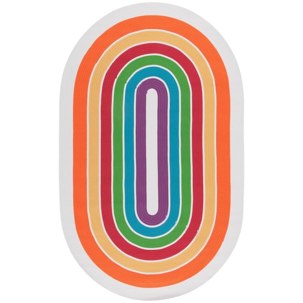 Braided 3 ft. x 5 ft. Ivory/Rainbow Striped Multicolor Border Oval Area Rug