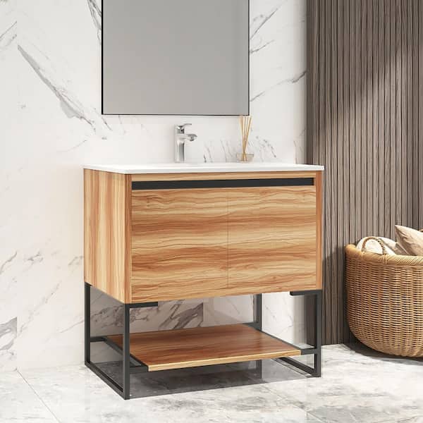 tunuo 30 in. W x 18.3. in D. x 35 in. H Bath Vanity in Natural with White Ceramic Top with White Sink