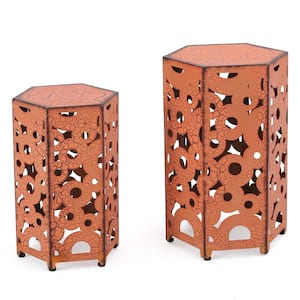 2-Piece Metal Outdoor Accent Table, Hollow out Design for Patio, Garden, Backyard, Orange