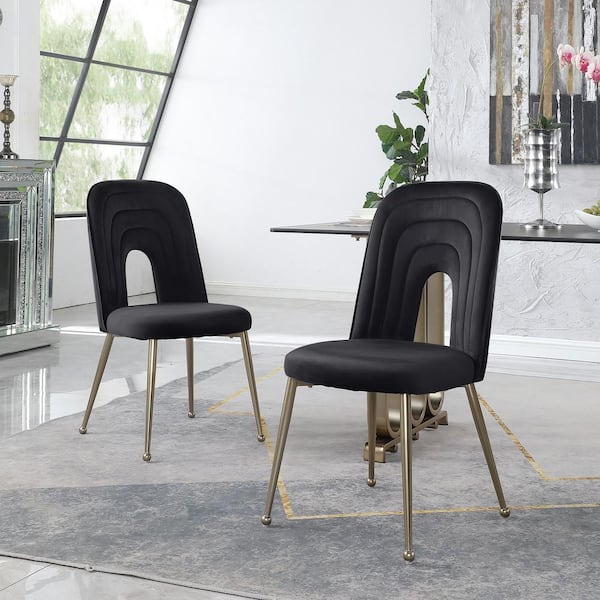 Unbranded Black Modern Accent Chair Velvet Upholstered Dining Chair Side Chair with Metal Legs (Set of 2)