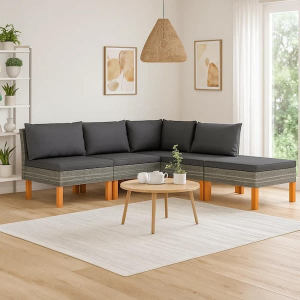 5-Piece Gray and Brown Wicker Rattan Outdoor Modular Lounge Sectional Sofa with Cushion