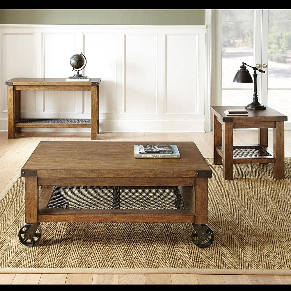 Distressed Oak and Metal Industrial Square End Table