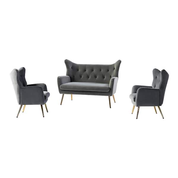 JAYDEN CREATION Esteban 3 Piece Grey Living Room Set with Wingback Design