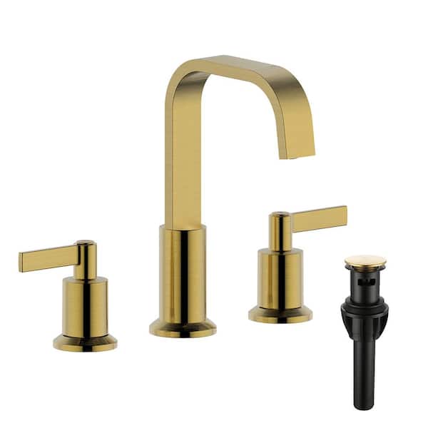 UPIKER Modern 8 in. Widespread Double Handle 360° Swivel Spout Bathroom Faucet with Push-Up Pop-Up Drain in Brushed Gold
