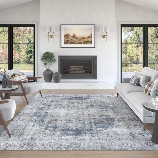 Tayse Rugs Parker Oriental Navy 5 ft. x 7 ft. Machine Washable