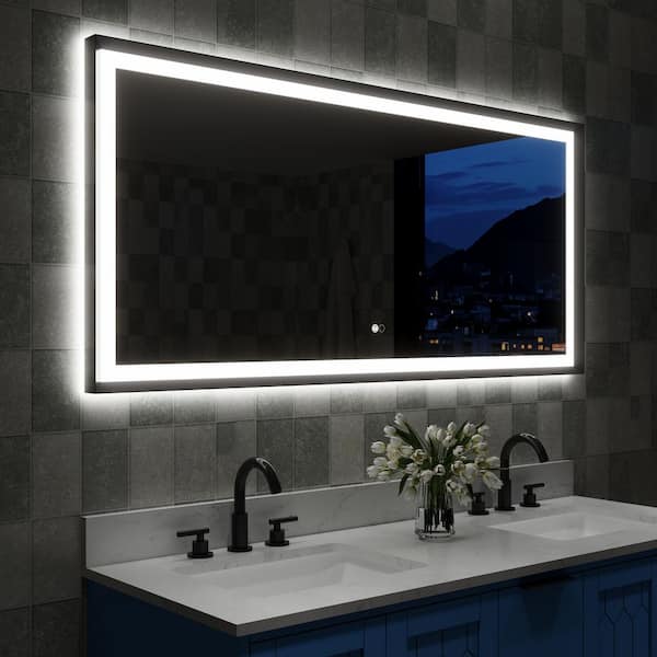 ANGELES HOME 60 in. W x 28 in. H Large Rectangular Framed Front Backlit Light Slope ETL-listed LED Bathroom Vanity Mirror in Black