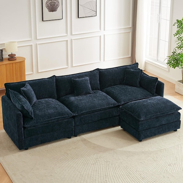 112.2 in. Square Arm L-Shaped Chenille Deluxe Pillow-Styled Modular Sectional Sofa in. Blue with 1 Ottoman