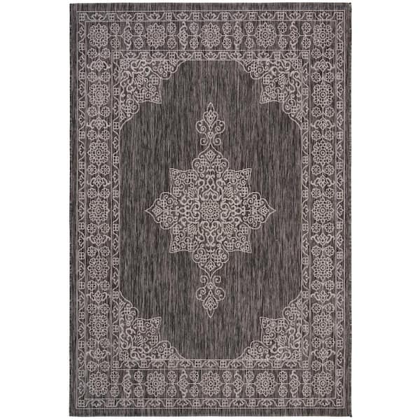Courtyard Black/Ivory 2 ft. x 4 ft. Border Medallion Indoor/Outdoor Area Rug