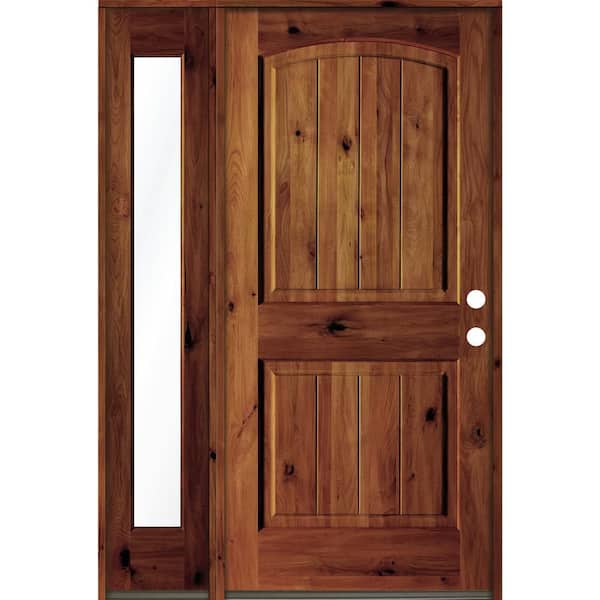Krosswood Doors 44 in. x 80 in. Rustic Knotty Alder Left-Hand/Inswing Clear Glass Red Chestnut Stain Wood Prehung Front Door w/Sidelite