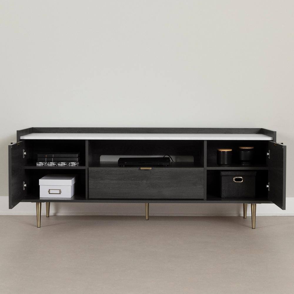 Gray Oak and Faux Carrara Marble TV Stand with Storage Cabinets