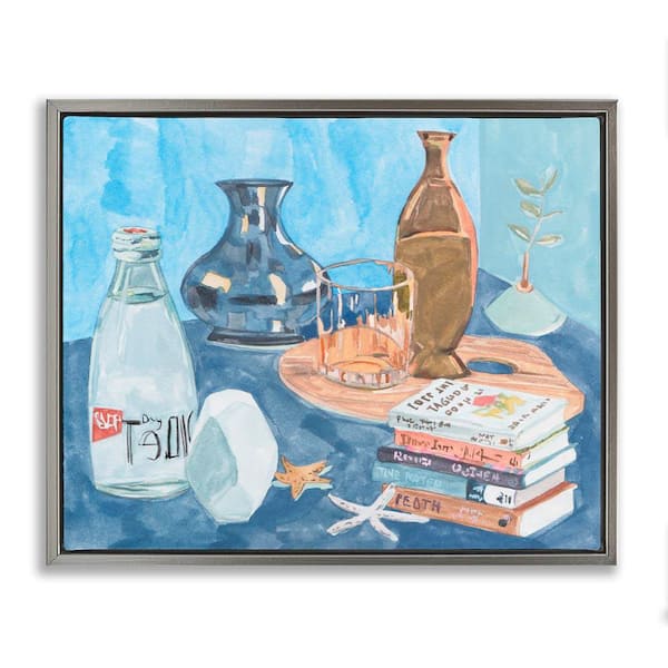 Stupell Industries Still Life with Book Stack by Melissa Wang Gray Floater Frame Typography Graphic Art Print 25 in. x 31 in.