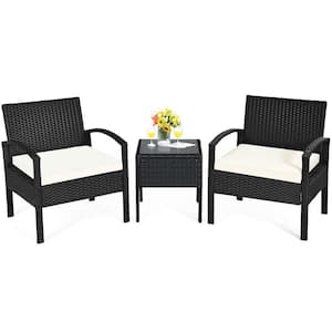 Black 3-Piece Wicker Outdoor Patio Conversation Set with Beige Cushions