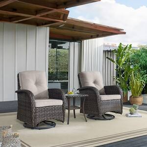 Brown 3-Piece Wicker Patio Conversation Set with Beige Cushions and Coffee Table All-Weather Swivel Rocking Chairs