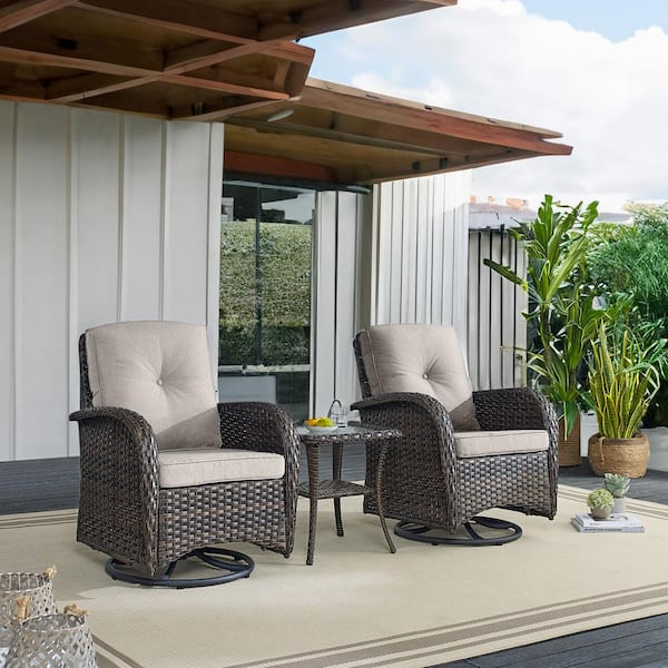 Pocassy Brown 3-Piece Wicker Patio Conversation Set with Beige Cushions and Coffee Table All-Weather Swivel Rocking Chairs