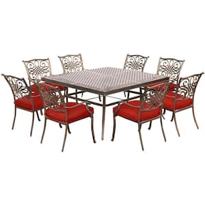 Traditions 9-Piece Aluminum Square Outdoor Dining Set with Red Cushions