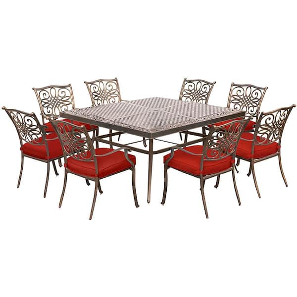 Hanover Traditions 9-Piece Aluminum Square Outdoor Dining Set with Red Cushions