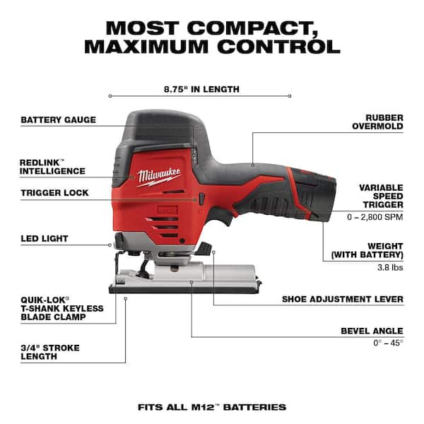 M12 12V Li-Ion Cordless Jigsaw and Multi-Tool Kit w/3/8 in. Right Angle  Drill, M12 Rotary Tool and 6.0 Ah XC Battery