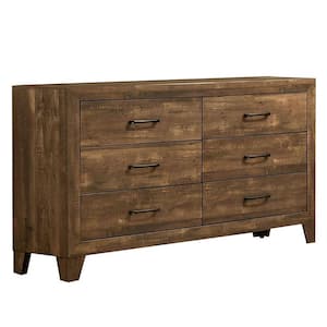 33.25 in. H x 16 in. W x 58.5 in. L Brown Wooden Dresser with 6-Drawers and Bracket Feet