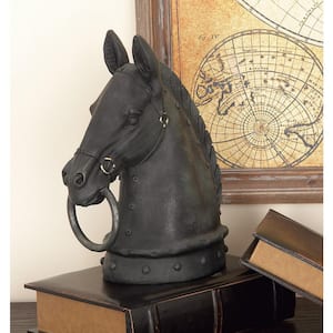Black Polystone Antique Style Head Horse Sculpture with Hitching Post and Gold Accents