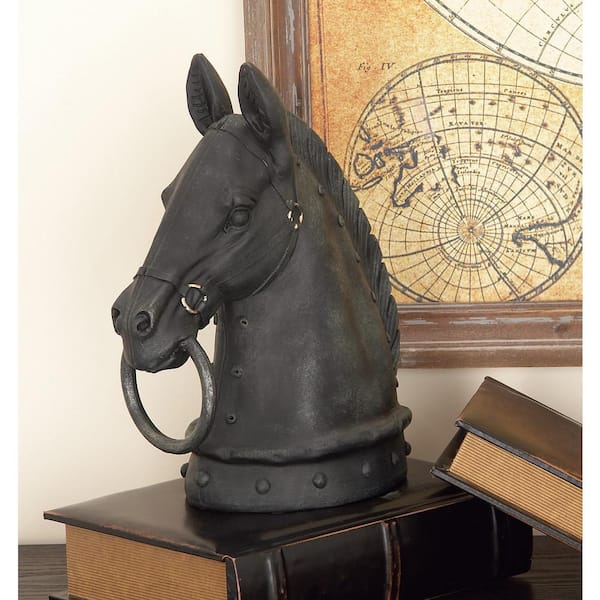 Litton Lane Black Polystone Antique Style Head Horse Sculpture with Hitching Post and Gold Accents