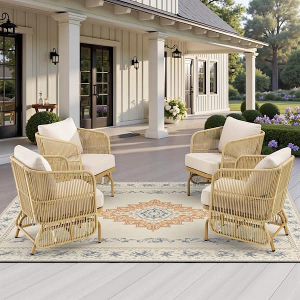 Yellow Patio Glider Wicker Outdoor Rocking Chair Rope Furniture Set with Thick Beige Cushions (4-Pack)