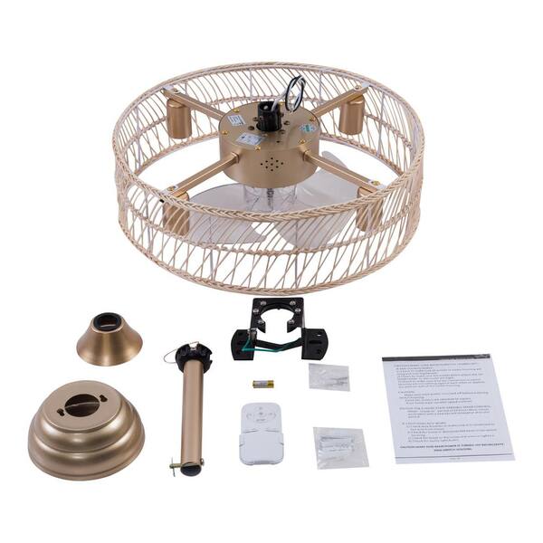 OUKANING 18 in. Indoor Gold Modern Bamboo Caged Ceiling Fan with 