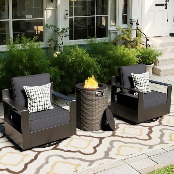 3-Piece Fire Pit Patio Set Aluminum Outdoor Patio Conversation Set with Swivel Rocking Chairs and Thick Gray Cushions