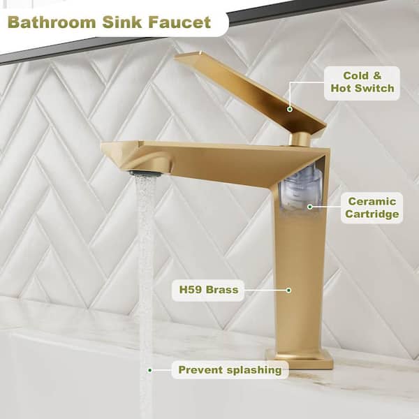 Single Handle Single Hole Bathroom Faucet with Hot and Cold Water Supply in Brush Gold