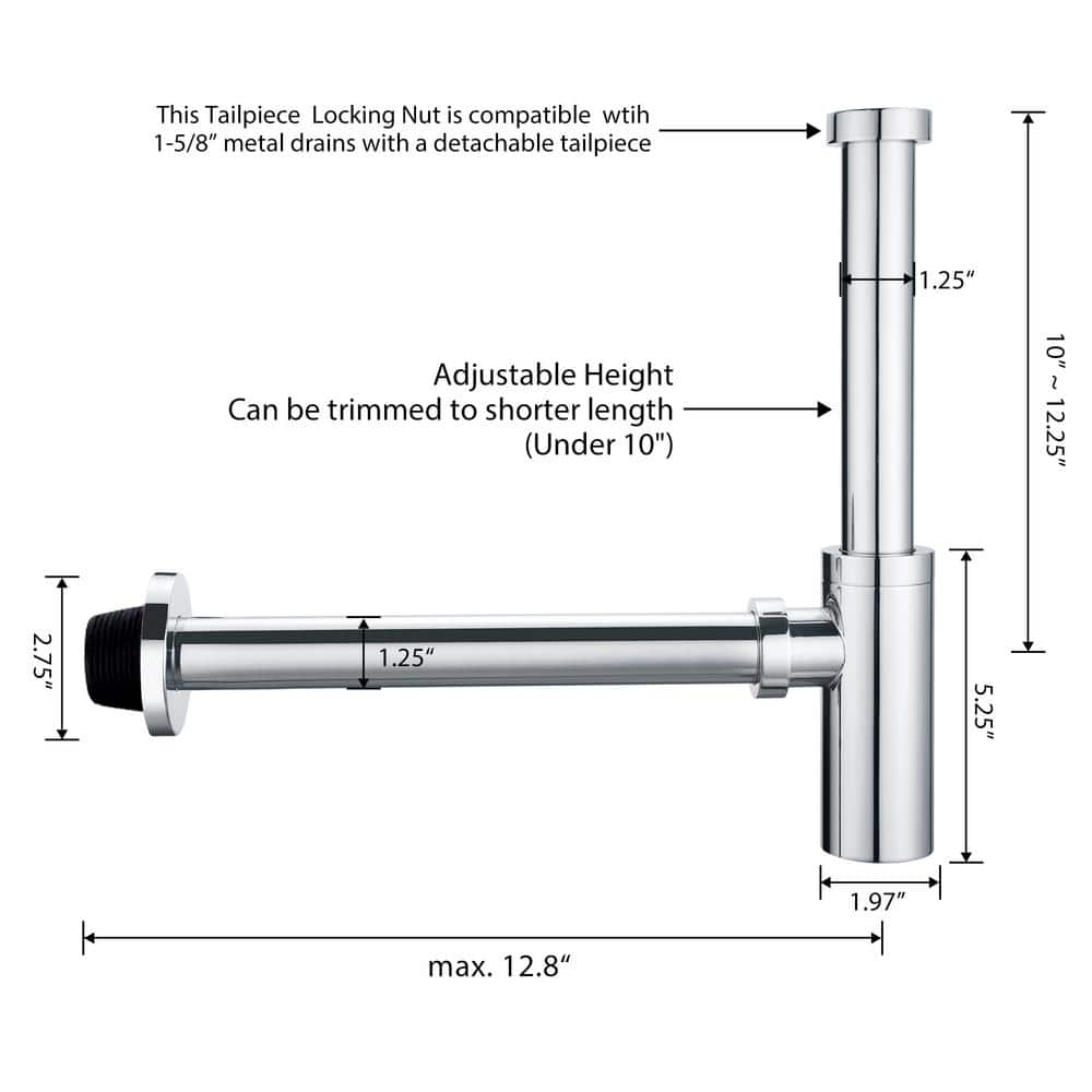 Chrome 14 in. Brass Round Bottle Trap with Stainless Steel Extension
