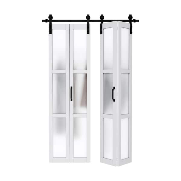 ARK DESIGN 50 in. x 84 in. 3-Lite Tempered Frosted Glass Solid Core White Finished Composite Bi-fold Door with Hardware