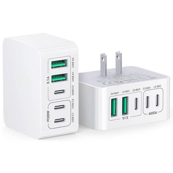 Lukyamzn 50W USB Wall Charger Power Adapter with 5 Ports (2 USB-A, 3 USB-C 20W) for Iphones and Androids-(2-Pack)