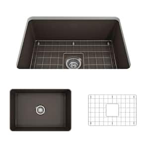 Sotto Undermount Fireclay 27 in. Single Bowl Kitchen Sink with Bottom Grid and Strainer in Matte Brown