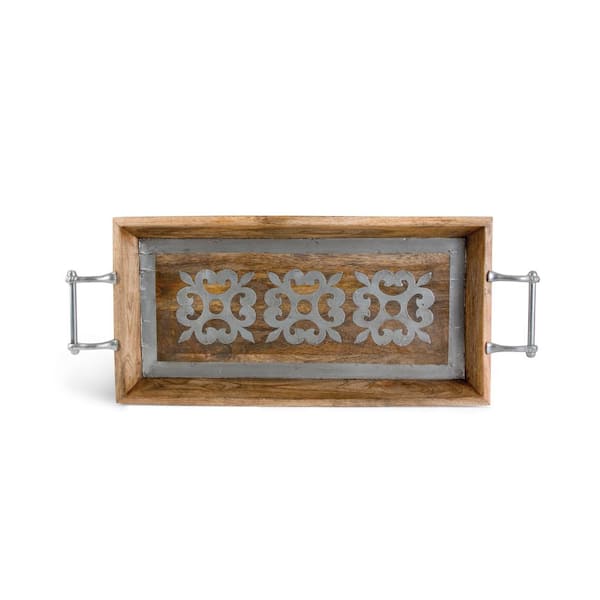 GG COLLECTION 30 in. W x 2.75 in. H x 12 in. D Metal-Inlaid Heritage Collection Wood Tray
