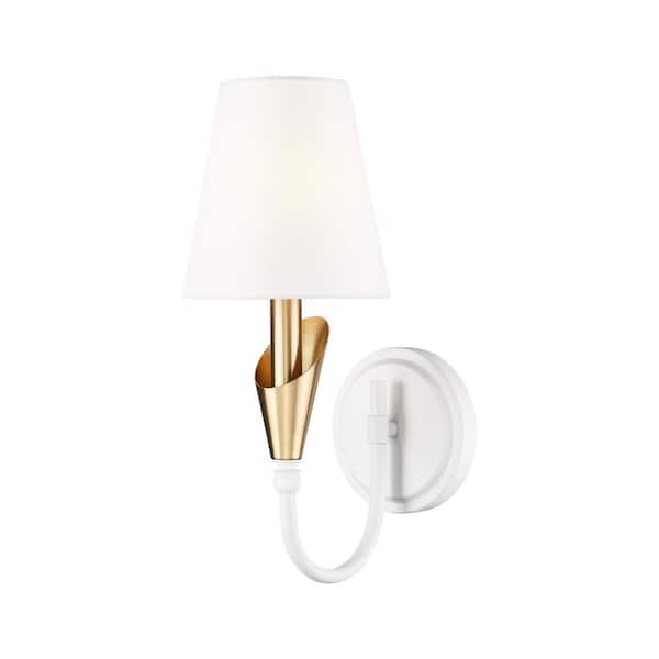 Claudelle 5.75 in. 1 Light Textured White + Modern Gold Wall Sconce with White Fabric Shade