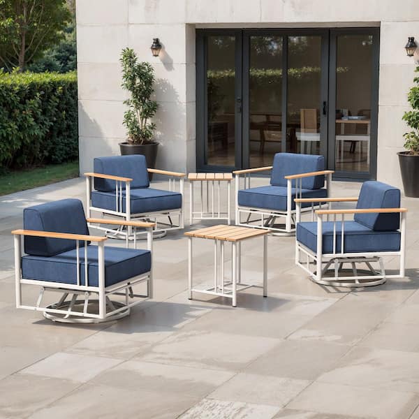 Puffin 6-Piece White Metal Swivel Gliders Patio Conversation Set with 6 in. Thick Navy Blue Cushions and Side Table