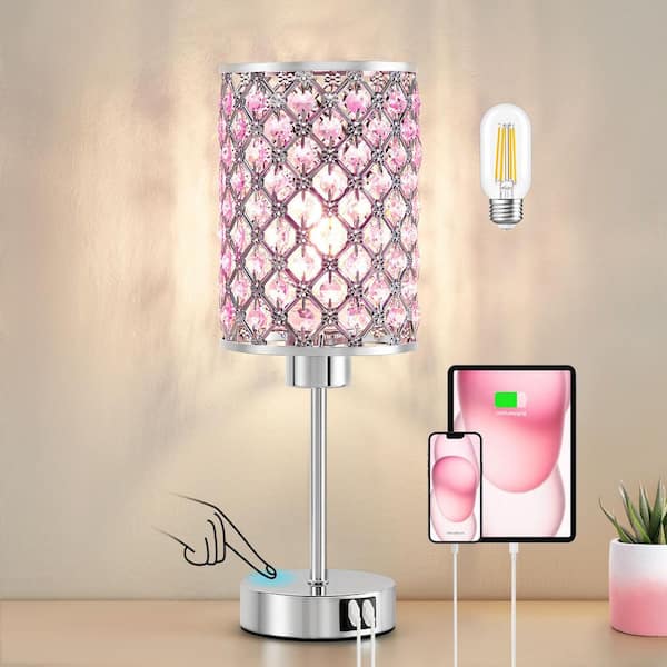 14.75 in. Pink Crystal Table Lamp for Nightst  USB C plus A Ports 3 Way Dimmable Lamp  Crystal Shade for Bedroom
