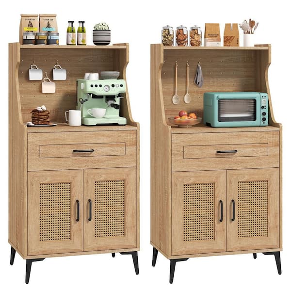 2-Piece Natural Wood Buffet Coffee Bar Cabinet w/Pegboard Storage Drawer and Shelf Sideboard