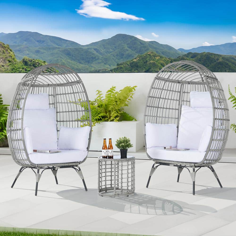 3-Piece Patio Wicker Egg Chair Outdoor Bistro Set with Side Table, with Whi