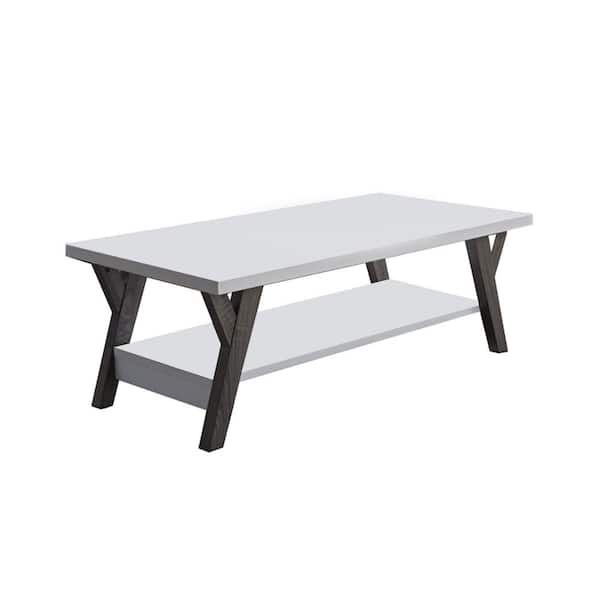 Benjara 48 in. White/Gray Large Rectangle Wood Coffee Table with Shelf