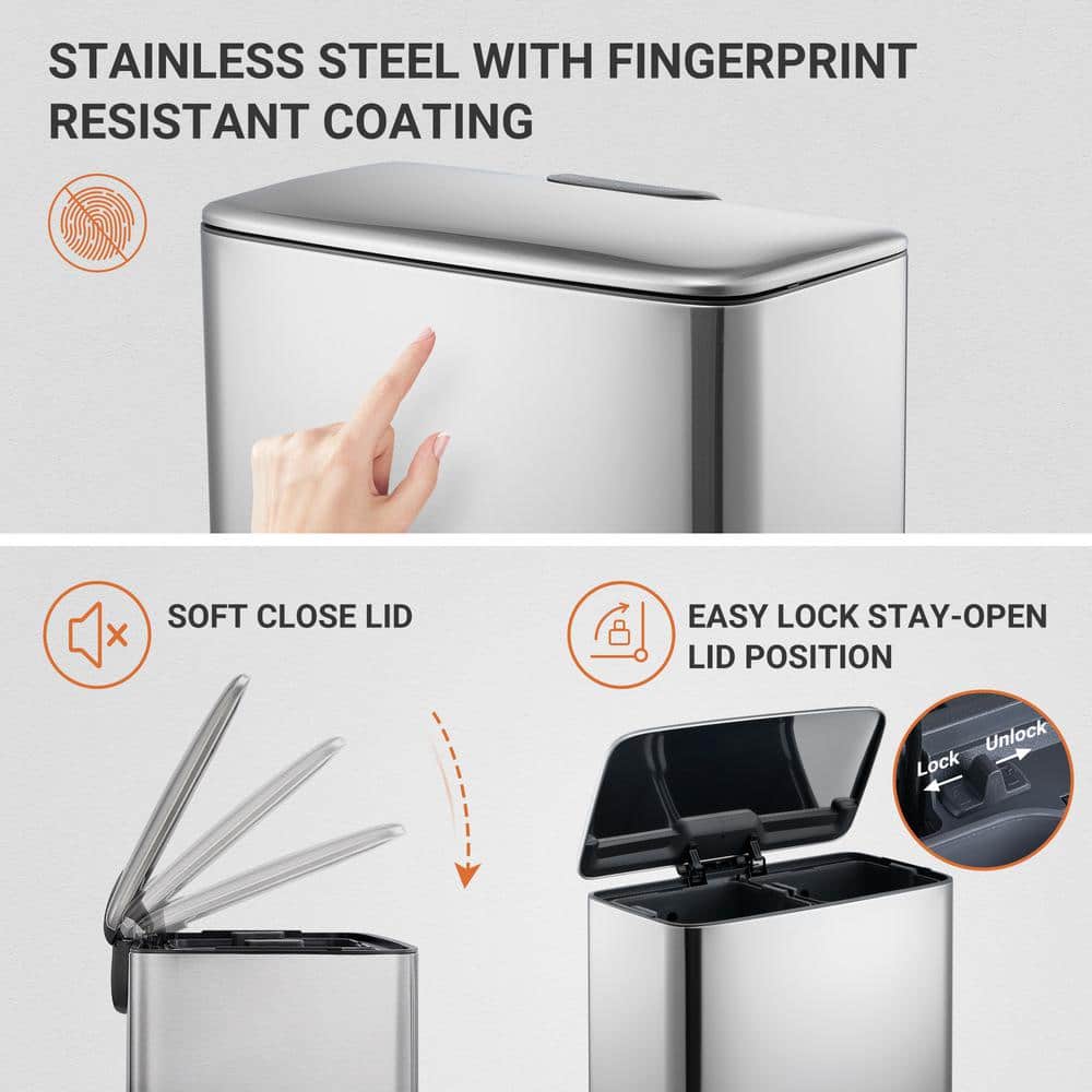 Brushed Stainless Steel Dual Compartment Pedal Trash Can