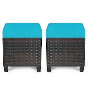 Brown Wicker Outdoor Ottoman with Teal Cushion (2-Pack)
