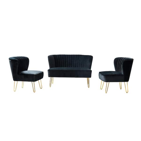 JAYDEN CREATION Alonzo 45 in. 3-Piece Black Living Room Set with Tufted Back Design
